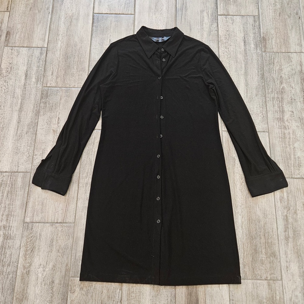 Norma Kamali Shirt Dress Size L Black Long Sleeve Button Front Jersey Stretch‎